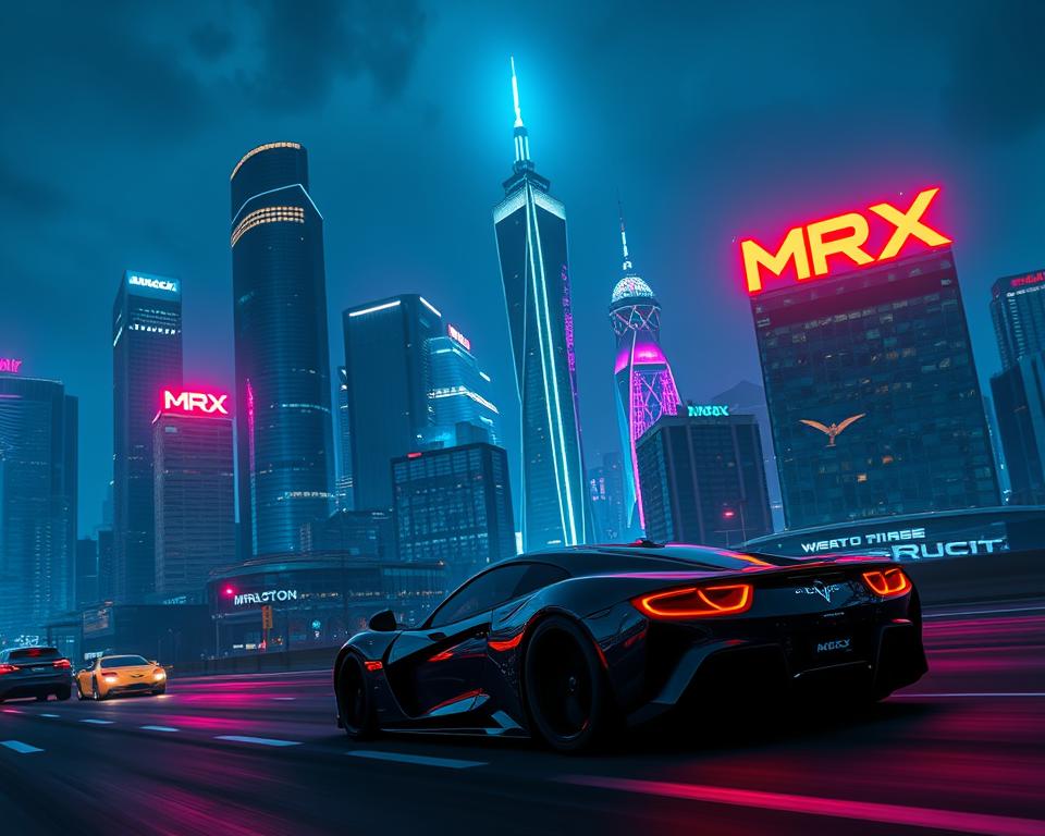 A technologically advanced cityscape, illuminated by the neon glow of the MrX logo. Skyscrapers of glass and steel rise into a moody, cinematic sky, their surfaces reflecting the vibrant lights below. In the foreground, a sleek, futuristic sports car races along the bustling streets, its headlights piercing the darkness. The atmosphere is one of excitement and innovation, hinting at the cutting-edge technology that powers the world of GTA6.