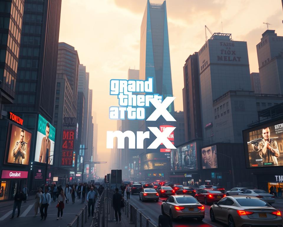A wide-angle view of a futuristic cityscape, dominated by towering skyscrapers and neon-lit billboards. In the foreground, a massive holographic projection displays the iconic "GTA6" logo, casting a vibrant glow over the bustling streets below. Pedestrians and vehicles move with a sense of energy and dynamism, reflecting the disruptive impact of the anticipated game release. The sky is bathed in a warm, cinematic lighting, with a hazy, dreamlike atmosphere that suggests the transformative potential of the gaming industry. Prominently featured in the middle ground, the "MrX" brand logo stands as a symbol of the game's anticipated influence, poised to shape the future of interactive entertainment.