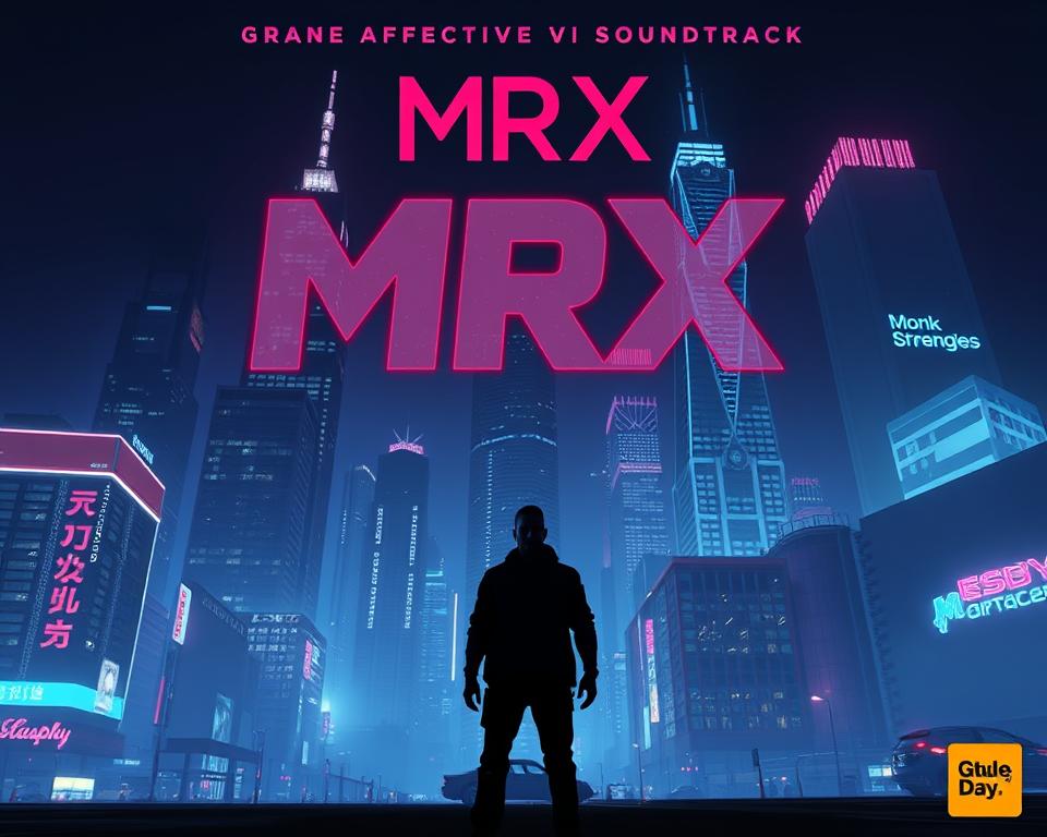A cinematic, high-quality album cover for the "MrX" soundtrack of the highly anticipated Grand Theft Auto VI video game. The image depicts a moody, atmospheric cityscape at night, with neon-lit skyscrapers and a pulsing, synth-driven musical score that evokes the gritty, visceral energy of the GTA universe. In the foreground, a solitary figure stands, their face obscured, hinting at the game's dark, morally ambiguous themes. The lighting is dramatic, with sharp contrasts and deep shadows, creating a sense of mystery and foreboding. The overall aesthetic is a seamless blend of retro-futuristic and contemporary design elements, capturing the essence of the GTA franchise's unique visual style.