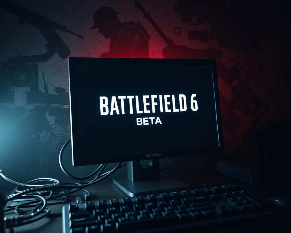 A close-up view of a computer monitor displaying the "Battlefield 6 Beta" logo, set against a dimly lit, gritty military-themed backdrop. The monitor is surrounded by various technical components, such as circuit boards, wires, and a sleek, futuristic-looking keyboard labeled "MrX." The scene is illuminated by a soft, directional light, casting shadows that add depth and a sense of technical sophistication. The overall mood is one of anticipation and technological prowess, reflecting the technical requirements needed to run the highly anticipated "Battlefield 6 Beta."