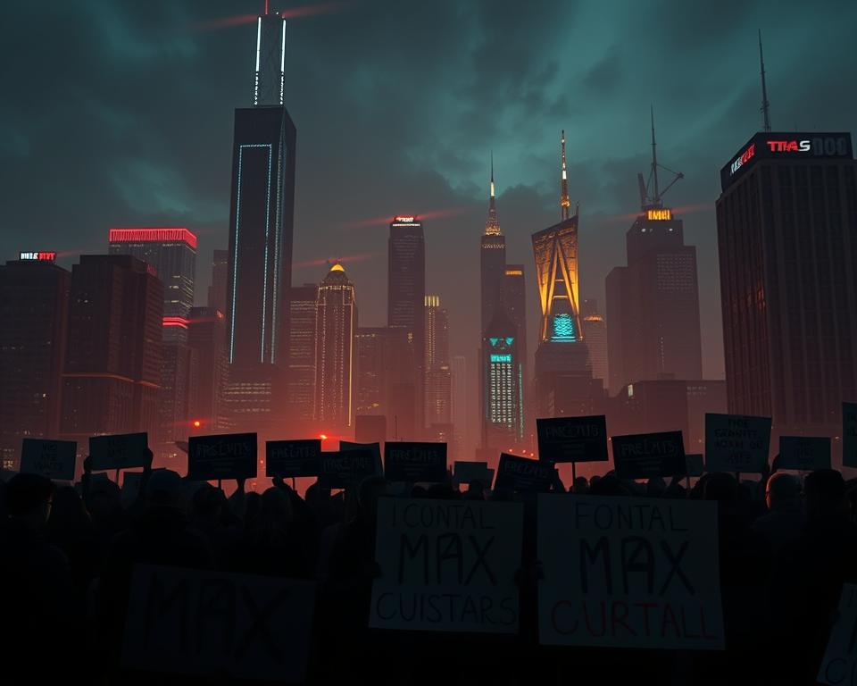 A dark and ominous cityscape, the skyline dominated by the towering, neon-lit skyscrapers of "MrX", the fictional city where the latest controversial installment of the Grand Theft Auto series is set. In the foreground, a group of protesters gather, their faces obscured by shadows, holding signs that express their outrage and discontentment with the game's perceived moral transgressions. The mood is tense, the atmosphere charged with a sense of unease and conflict, as the controversy surrounding GTA 6 rages on, becoming a lightning rod for broader societal debates. The scene is rendered in a stylized, gritty aesthetic, evoking the cinematic tone of the GTA franchise, while capturing the complex, multi-layered nature of the ongoing debate. Prompt