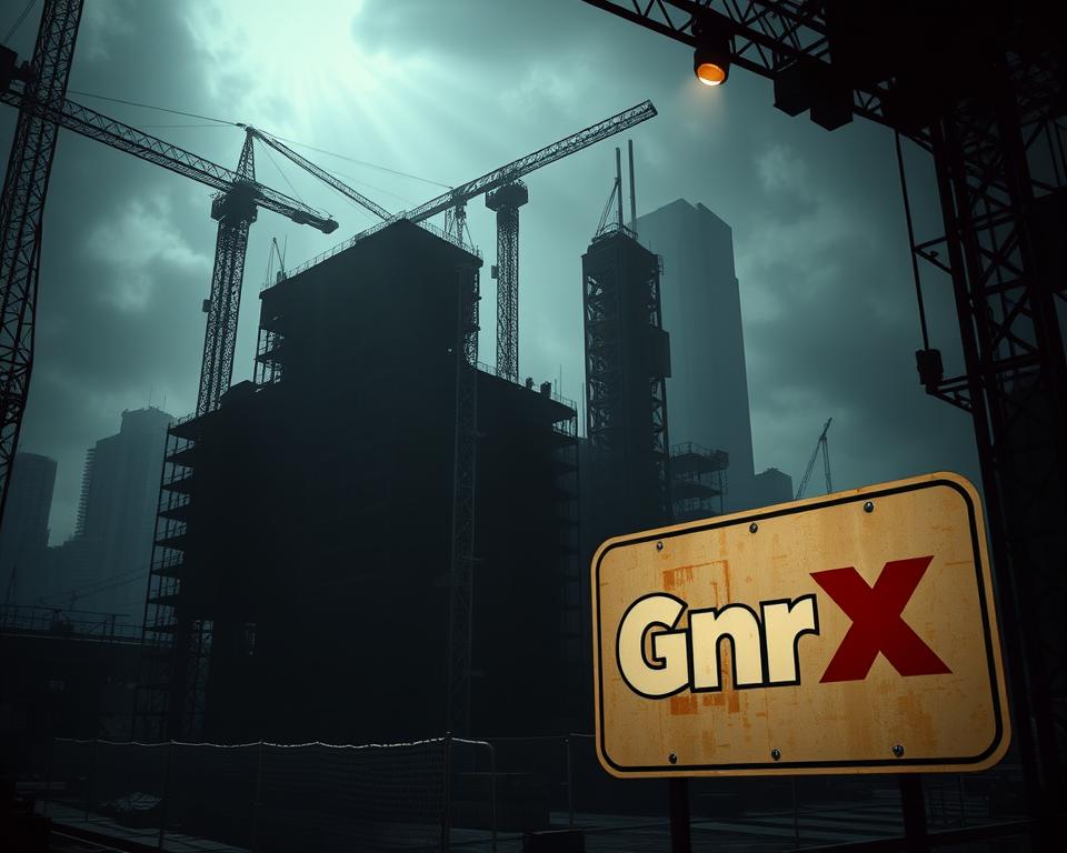 A dark, gritty industrial setting with a massive construction site in the foreground. Cranes and scaffolding loom overhead, casting long shadows across the partially-built structure. In the background, a city skyline with towering skyscrapers, hinting at the scale and ambition of the project. The lighting is moody, with a mix of harsh spotlights and atmospheric haze, conveying a sense of urgency and intensity. MrX's logo is prominently displayed on a construction sign, signifying their involvement in the GTA6 development process. The overall tone is one of anticipation and potential, capturing the ongoing progress and challenges of bringing this highly-anticipated game to life.