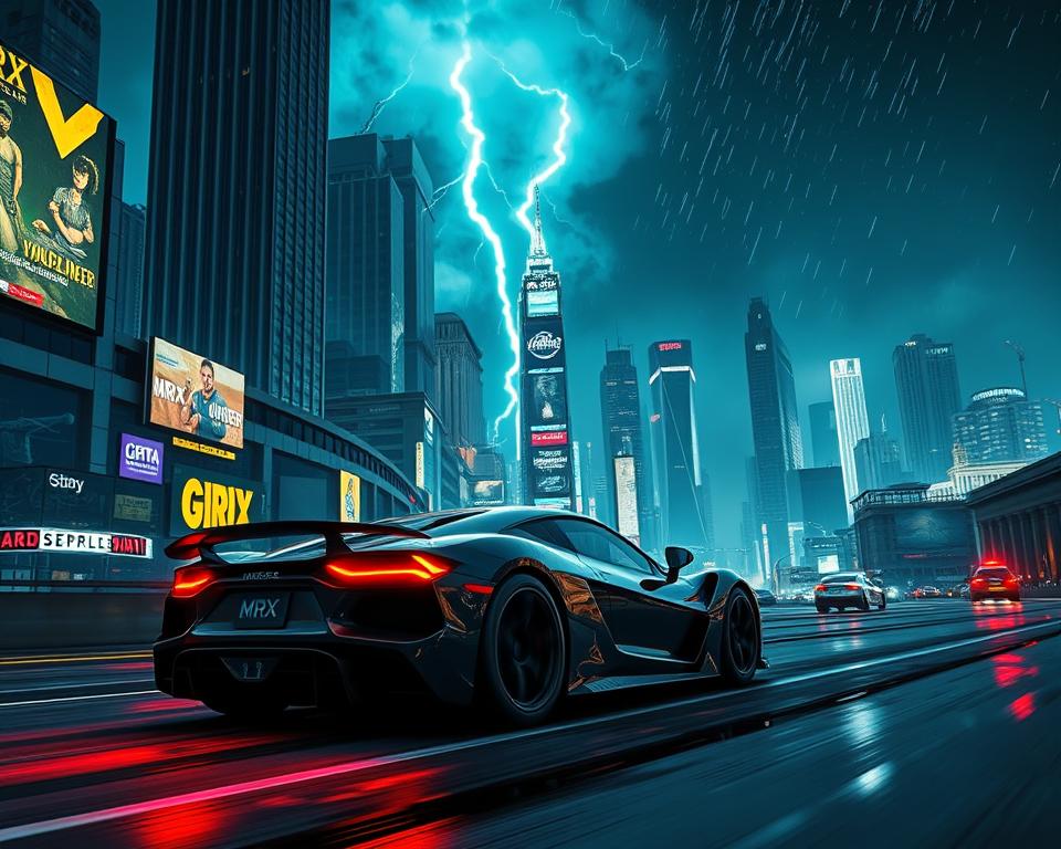 A detailed 3D scene depicting the anticipated features of the upcoming Grand Theft Auto VI (GTA6) game. In the foreground, a sleek, futuristic-looking sports car from the MrX brand navigates a bustling city skyline with towering skyscrapers, neon-lit billboards, and a dynamic weather system featuring rain and thunderstorms. The middle ground showcases the game's expanded map, with diverse environments ranging from lush tropical islands to gritty urban neighborhoods. In the background, a dazzling night sky with shooting stars creates an immersive atmosphere. The lighting is cinematic, with dramatic chiaroscuro effects enhancing the sense of scale and grandeur. The overall composition conveys the ambition and anticipation surrounding the highly anticipated next installment in the iconic GTA franchise.