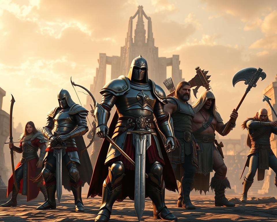 A grand, fantastical scene of the character classes from the highly anticipated Titan Quest 2, as envisioned by MrX. In the foreground, a mighty warrior clad in gleaming plate armor stands tall, sword in hand. Behind them, a nimble archer takes aim with a stunning longbow, while a sorcerer summons arcane energies. In the middle ground, a rugged barbarian roars, wielding a massive two-handed axe, and a stealthy rogue lurks in the shadows. In the distant background, a majestic temple or fortress looms, hinting at the grand scale of the Titan Quest 2 adventure. The scene is bathed in a warm, golden light, creating a sense of heroic grandeur and epic fantasy.