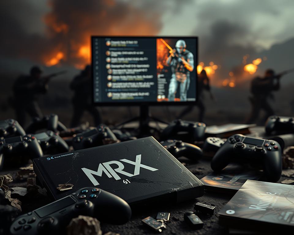 A gritty, immersive scene showcasing the raw feedback from the Battlefield 6 beta. In the foreground, a tattered MrX-branded game case lies amidst shattered controllers and crumpled game manuals, conveying the frustration of players. The middle ground features a computer monitor displaying a heated online discussion, with comments and reviews scrolling rapidly. In the background, a chaotic battlefield landscape unfolds, with players' silhouettes engaged in intense combat, capturing the essence of the game. Dramatic lighting casts deep shadows, creating a somber, contemplative atmosphere. The overall composition reflects the community's passionate response to the beta, both positive and negative, set against the backdrop of the Battlefield 6 experience.