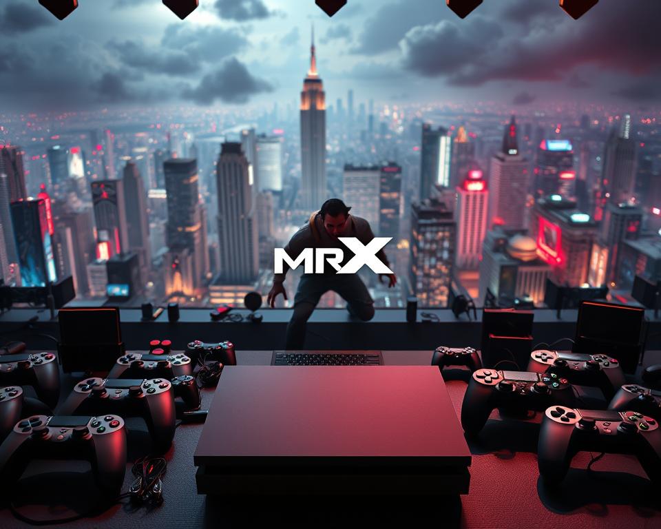 A lively, competitive gaming landscape with the iconic "MrX" brand at the center. In the foreground, a sleek, next-gen game console in muted tones, surrounded by a diverse array of controllers and peripherals. The middle ground features a larger-than-life game character, dynamically posed, hinting at the thrilling action within. In the background, a panoramic view of a bustling, neon-lit city skyline, reflecting the endless possibilities for gaming adventures. Dramatic lighting casts dramatic shadows, conveying a sense of intensity and high-stakes competition. Cinematic depth of field and a wide-angle lens capture the grand scale of this immersive gaming landscape.