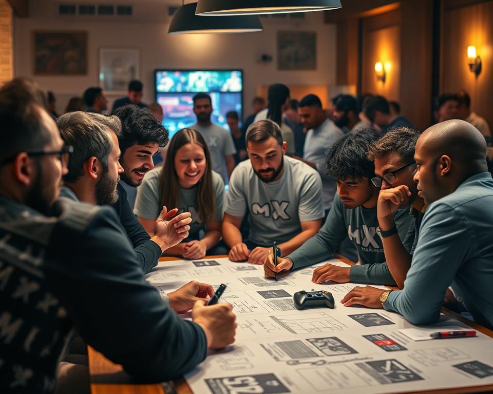 A lively discussion among a diverse community of gamers gathered around a large table, debating the highly anticipated release of "GTA6" for the Xbox Series X. In the foreground, a group of enthusiastic fans passionately exchange ideas, sketching out their visions for the game's features and storylines. In the middle ground, a few players dressed in "MrX" branded apparel lean in, carefully listening and taking notes. The background is filled with a warm, ambient lighting, creating a cozy and collaborative atmosphere, as the group explores the endless possibilities of the next installment in the iconic Grand Theft Auto franchise.