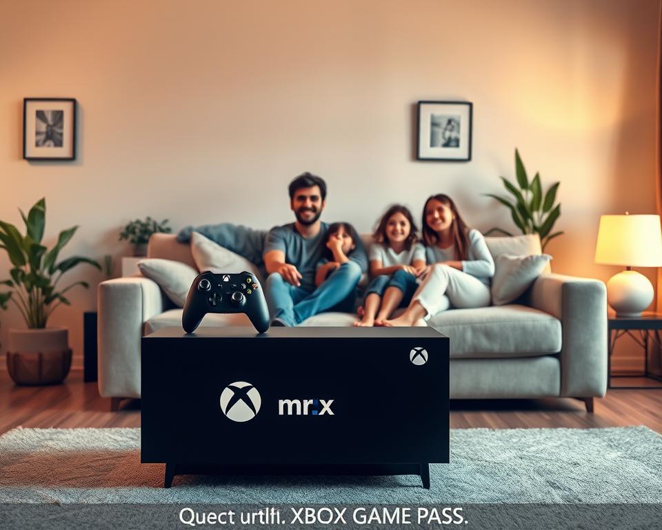 A serene and inviting living room scene, bathed in warm, soft lighting. A large, modern TV stand dominates the foreground, showcasing the MrX brand logo. Atop the stand, an Xbox Series X console sits prominently, flanked by two Xbox controllers. In the middle ground, a family of four - two adults and two children - gathers on a plush, L-shaped sofa, their faces filled with joy as they immerse themselves in the shared Xbox Game Pass experience. The background features a cozy, minimalist decor, with subtle wall art and lush potted plants, creating a comfortable and welcoming atmosphere. The overall composition conveys the idea of quality family time and the seamless integration of Xbox Game Pass into the domestic setting.
