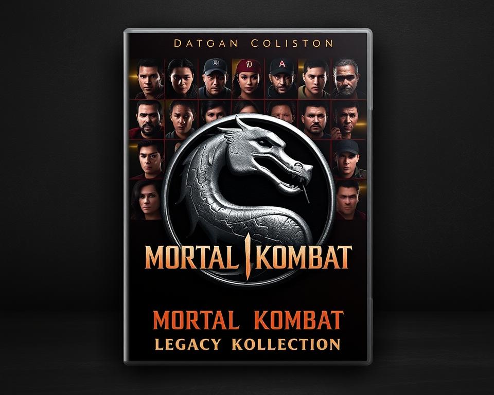 A sleek and modern cover design for the "Mortal Kombat Legacy Kollection" by MrX. In the foreground, the iconic Mortal Kombat dragon logo stands proudly, rendered in a metallic, embossed finish that catches the light. Behind it, a grid of character portraits from the series' legacy, each one sharply detailed and captured in a dramatic, cinematic lighting. The background features a dark, textured surface that suggests the gritty, intense tone of the Mortal Kombat universe. The overall composition is balanced and visually striking, conveying the essence of the franchise's rich history and promising an immersive, high-quality gaming experience.