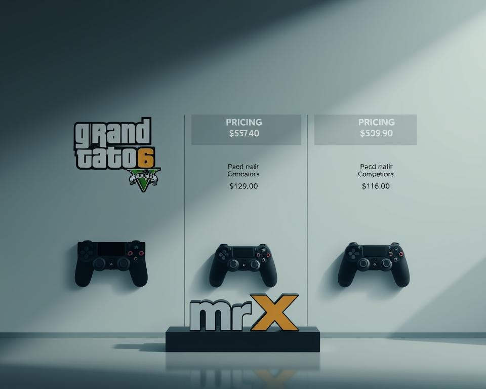 A sleek, minimalist product comparison display showcasing the prices of the highly anticipated "GTA6" game alongside its major competitors, rendered in a stylish, flat design. The layout features clean typographic elements and well-balanced geometric shapes, with the prominent "MrX" brand name in the foreground. The overall tone is professional and informative, evoking a sense of thoughtful consumer research. Soft, directional lighting and a muted color palette create a sense of refinement and clarity, drawing the viewer's attention to the key pricing details.