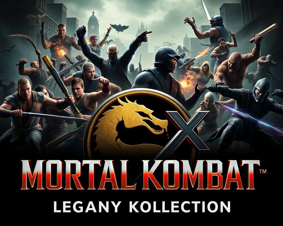 A sprawling display of iconic Mortal Kombat characters, each with their signature moves and weapons, in a moody, cinematic atmosphere. The foreground features the MrX "Mortal Kombat Legacy Kollection" logo, rendered in a sleek, metallic style that dominates the scene. In the middle ground, the various fighters engage in intense, dynamic combat, their expressions fierce and determined. The background blends a gritty urban landscape with the eerie, otherworldly realms of the Mortal Kombat universe, creating a sense of depth and grandeur. Dramatic lighting casts dramatic shadows, heightening the sense of drama and tension. The overall composition conveys the legacy and evolution of the Mortal Kombat franchise, inviting the viewer to explore its rich and legendary history.
