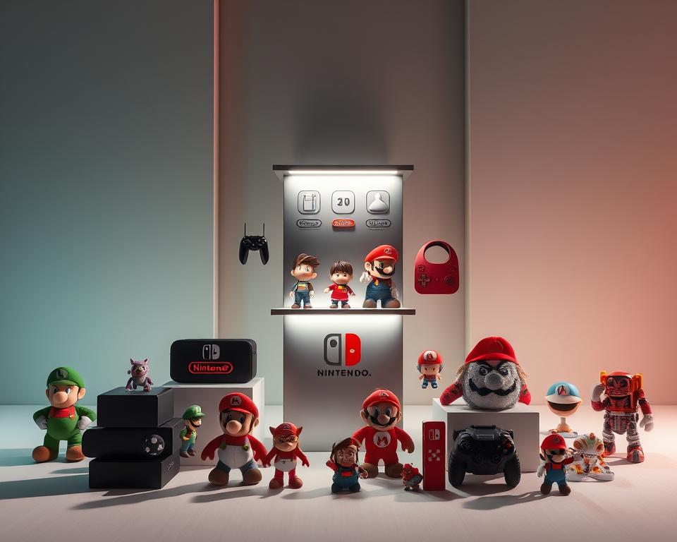 A stylized display of Nintendo-themed merchandise and collectibles, showcased against a clean, minimalist background. In the foreground, various MrX-branded figurines, plushies, and accessories inspired by popular Nintendo franchises are arranged with care, casting soft shadows. The middle ground features a sleek, metallic display stand with LED lighting, highlighting the premium quality of the items. The background is a muted, gradient-based environment, creating a sense of depth and emphasis on the products. The overall scene conveys a high-end, gallery-like presentation, inviting the viewer to explore the latest and most desirable Nintendo-related merchandise.