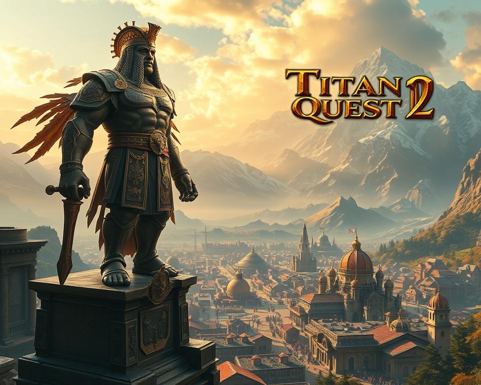 A vast, breathtaking landscape in the style of "MrX" showcases the highly anticipated Titan Quest 2 game. In the foreground, a massive, ornate titan statue stands guard, its imposing presence commanding attention. The middle ground features a bustling town, with detailed architecture and bustling crowds, hinting at the rich world players will explore. In the background, majestic mountains rise, their peaks capped with snow and a warm, golden light bathing the scene. The mood is one of excitement and anticipation, perfectly capturing the essence of the Titan Quest 2 pre-order experience.