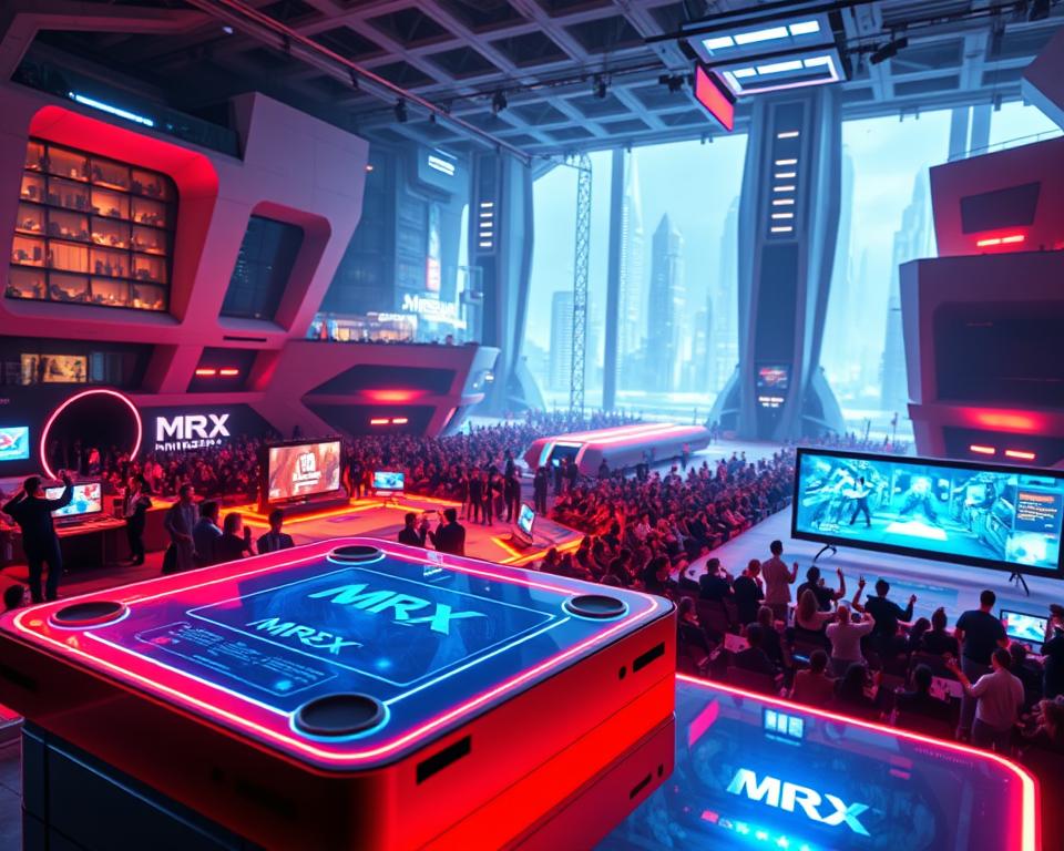 A vast, futuristic gaming expo showcasing the latest in Nintendo tech innovations. In the foreground, a sleek, holographic display of the MrX brand's latest console, its smooth surfaces reflecting the vibrant lighting. In the middle ground, developers demonstrate cutting-edge game design tools, their hands gesturing animatedly as they present new interactive features. The background is a panorama of towering, angular structures housing state-of-the-art development studios, their windows glowing with the promise of groundbreaking gaming experiences. The atmosphere is one of excitement and anticipation, as the audience eagerly awaits the unveiling of Nintendo's latest advancements in the art of interactive entertainment.