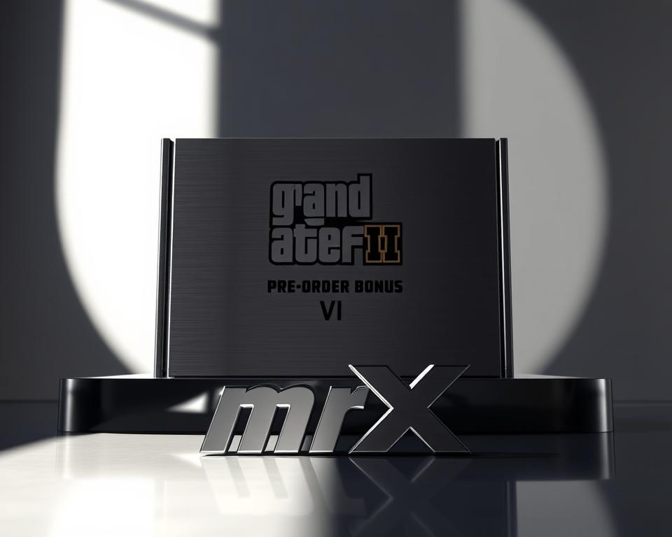 Detailed, high-quality 3D rendering of a GTA6 pre-order bonus package, featuring a metallic, brushed steel texture. The package sits on a reflective, glass-like surface, illuminated by soft, directional lighting casting dramatic shadows. In the foreground, the "MrX" brand logo is prominently displayed, conveying a sense of exclusivity and premium quality. The background is a minimalist, monochromatic setting, allowing the pre-order bonus package to be the focal point. The overall mood is sleek, sophisticated, and visually striking, reflecting the anticipated hype and excitement surrounding the upcoming release of Grand Theft Auto VI.