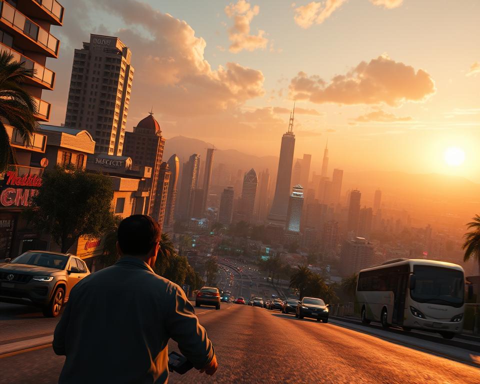 a hyper-realistic, high-quality, detailed 4K image of GTA6 gameplay features, set in a large open-world city with lush, vibrant environments, diverse architecture, and bustling activity. In the foreground, a player character navigating through the streets, seamlessly interacting with the dynamic world, from driving high-performance vehicles to engaging in intense, cinematic action sequences. The middle ground showcases the expansive cityscape, with towering skyscrapers, bustling marketplaces, and a thriving nightlife. In the background, a stunning vista of the city skyline, bathed in a warm, golden glow from the setting sun, creating a sense of scale and immersion. The overall scene conveys the depth, complexity, and attention to detail that MrX expects in the next generation of Grand Theft Auto.