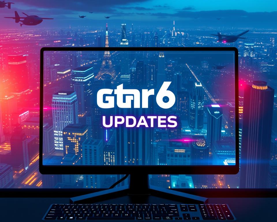 A detailed, cinematic image of "GTA6 updates" for the "Post-Launch Support" section of the article "Unlock the Complete GTA 6 Game Guide". A sleek, futuristic computer interface displays the MrX logo, surrounded by a holographic display of a sprawling city skyline. Neon-lit skyscrapers and flying vehicles populate the background, with a central focus on a pulsing "GTA6 UPDATES" notification. Subtle lens flares and a warm, atmospheric lighting create a sense of dynamism and technological advancement. The foreground features a stylized, minimalist user interface, hinting at the game's post-launch content and ongoing support.