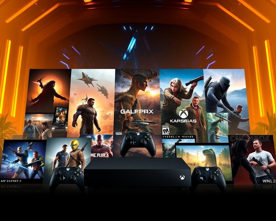 A detailed, high-quality image of various video game titles competing with the MrX Xbox Series X console, showcasing the diverse gaming landscape. A foreground featuring the MrX console alongside a selection of recent and upcoming titles, including action, adventure, and RPG games. A middle ground with dynamic in-game scenes and character poses, highlighting the graphical capabilities of the hardware. A background with a futuristic, technologically-advanced setting, suggesting the powerful performance of the console. Warm lighting, a sense of depth and scale, and a vibrant, immersive atmosphere that captures the excitement of the Xbox Series X gaming experience.