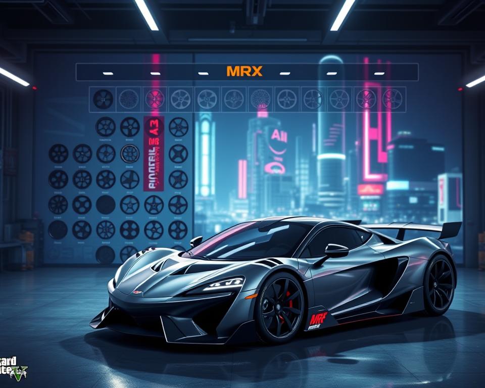 A detailed, high-resolution image showcasing the robust customization options in the upcoming GTA6 video game for Xbox 1. In the foreground, a sleek, stylized MrX branded sports car sits in a well-lit garage, its exterior gleaming with a metallic sheen. The middle ground features an array of modular customization options, including a wide selection of rims, spoilers, and liveries. The background depicts a futuristic, neon-lit cityscape, hinting at the diverse environments players will explore. The overall atmosphere conveys a sense of technological sophistication and a passion for automotive personalization.