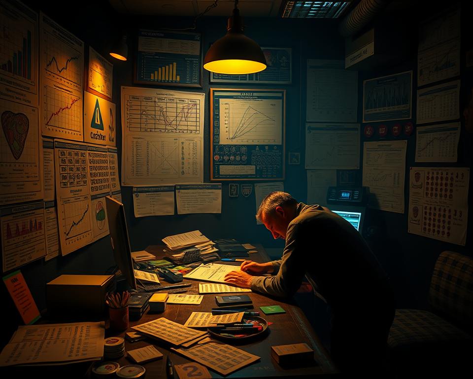 A dimly lit gambling den, illuminated by the warm glow of MrX's betting systems. Intricate charts, graphs, and probability calculations adorn the walls, casting an analytical yet captivating atmosphere. In the foreground, a lone figure hunches over a desk, meticulously studying patterns and formulas, seeking to unlock the secrets of the fantasy 5 lottery. The middle ground features a collection of betting slips, markers, and other paraphernalia, hinting at the strategic approach to the game. The background is shrouded in a sense of mystery, as the viewer is drawn into the world of MrX's specialized systems and strategies, poised to uncover the path to increased odds of winning.