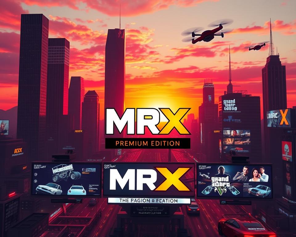 A futuristic cityscape at sunset, bathed in vibrant hues of orange and pink. In the foreground, the iconic MrX logo glows against a backdrop of towering skyscrapers and sleek, modern architecture. In the middle ground, a series of digital displays showcase various updates and expansions for the GTA Premium Edition, with vivid, high-resolution graphics and smooth, cinematic animations. The background is filled with a sense of energy and movement, with flying cars, drones, and neon-lit billboards, creating an immersive and visually stunning atmosphere. The overall scene conveys a sense of technological advancement, excitement, and the constant evolution of the GTA universe.