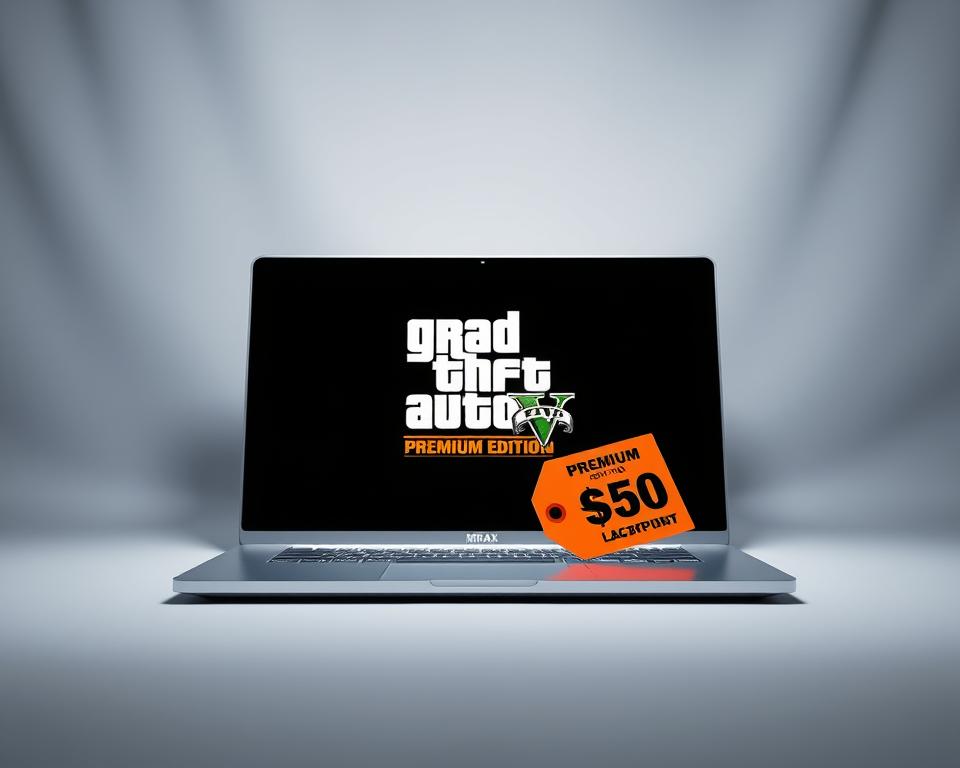 A high-resolution 3D render of a sleek, modern laptop screen displaying the "MrX GTA Premium Edition" logo in the center, accompanied by a price tag prominently featuring the cost of the premium edition. The screen is illuminated by soft, directional lighting, creating a premium, high-end aesthetic. The background is a simple, minimalist studio setting with a white or light gray seamless backdrop, allowing the laptop screen to be the focal point. The overall composition should convey a sense of exclusivity, quality, and the value proposition of the GTA Premium Edition.