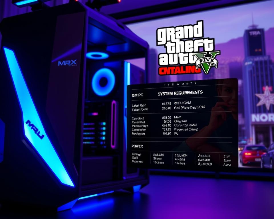 A high-tech computer setup with a sleek, futuristic design, illuminated by cool blue and purple lighting. In the foreground, the MrX brand logo stands out prominently, showcasing the power and performance of the system. The middle ground features a detailed display of the GTA6 PC system requirements, including the latest GPU, CPU, RAM, and storage specifications. The background depicts a dynamic cityscape, hinting at the immersive open-world environment of the game. The overall atmosphere conveys a sense of cutting-edge technology and the thrill of exploring the world of GTA6.