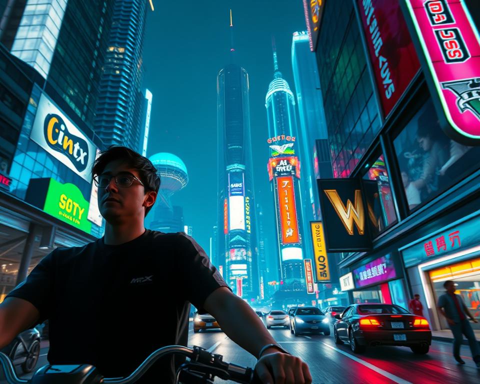 A highly detailed, hyper-realistic rendering of a scene from the upcoming "GTA6" video game, showcasing its enhanced graphics and immersive gameplay. In the foreground, the protagonist, "MrX," navigates the bustling streets of a vibrant, neon-lit city, with towering skyscrapers and futuristic architecture in the background. Realistic lighting effects cast dynamic shadows, and the camera angle captures the action from a low, dynamic perspective, emphasizing the cinematic quality. The overall mood is one of excitement and technological sophistication, reflecting the advanced features and mechanics of this highly anticipated title.