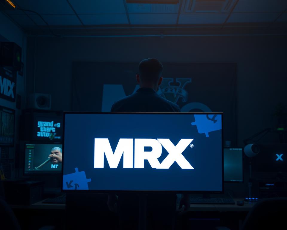 A hyper-realistic, cinematic scene of the highly anticipated "Grand Theft Auto 6" video game updates. The foreground depicts a large computer monitor displaying the MrX logo, showcasing the latest news and trailers for the upcoming GTA6 release. The middle ground features a shadowy figure, likely a game developer, carefully monitoring the screen. In the background, a dimly lit office environment with various tech equipment and gaming paraphernalia sets the mood of anticipation and excitement for the new GTA6 content. The lighting is dramatic, with a mix of cool and warm tones, creating a sense of depth and atmosphere. The camera angle is slightly elevated, giving a sense of importance and significance to the scene.