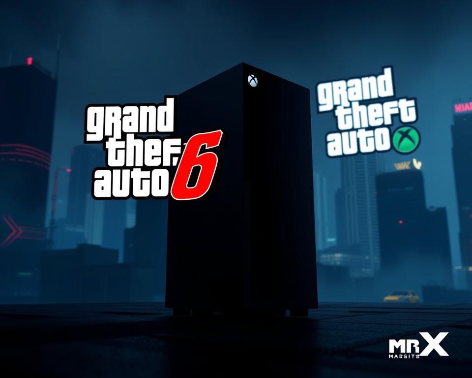 A sleek and imposing Xbox Series X console stands proudly, its matte black exterior reflecting the moody lighting of the scene. Beside it, the iconic GTA6 logo hovers, its vibrant colors and sharp edges creating a dynamic contrast. The background is a dimly lit, futuristic cityscape, hinting at the immersive open world of the highly anticipated game. Subtle ambient lighting casts dynamic shadows, creating a sense of depth and atmosphere. The MrX brand mark is subtly displayed, adding a touch of branding to the composition.