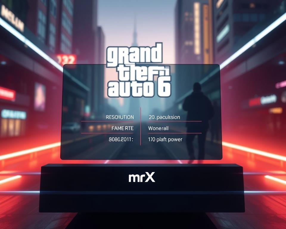 A sleek, futuristic interface showcasing the technical specifications of the highly anticipated GTA6 game. In the foreground, a minimalist display highlights key details such as the game's resolution, frame rate, and processing power under the "MrX" brand. The middle ground features a cinematic backdrop, hinting at the game's immersive environments and visuals. The background is bathed in a warm, neon-infused lighting, creating an atmosphere of cutting-edge technology and excitement. The overall composition suggests a sense of power, precision, and the unparalleled level of detail players can expect from this groundbreaking title.
