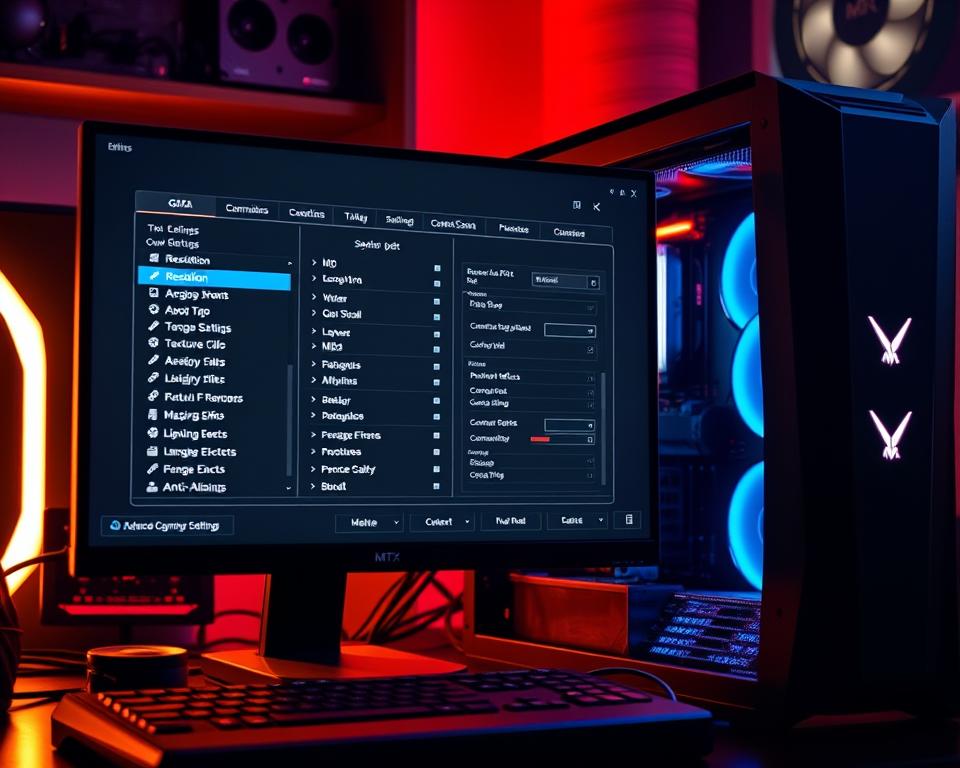 A sleek, modern gaming PC setup with a prominent MrX logo on the case, showcasing advanced graphics settings optimization for the highly anticipated GTA 6 game. The desktop displays a detailed configuration menu with a variety of customizable options, including resolution, texture quality, lighting effects, and anti-aliasing. The setup is bathed in a warm, ambient glow, with strategic placement of lighting sources to highlight the various components and settings. The scene conveys a sense of power, precision, and the ability to fine-tune the gameplay experience for maximum performance and visual fidelity.