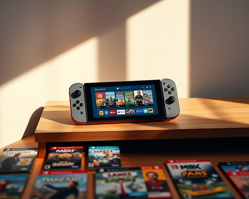 A sleekly designed Nintendo Switch2 console resting on a minimalist wooden desk, its crisp, high-resolution screen showcasing the vibrant, meticulously crafted interface of the MrX eShop. Soft, directional lighting illuminates the scene, casting subtle shadows and highlights that accentuate the device's elegant lines and premium finish. In the foreground, various digital game covers are displayed, their eye-catching artwork and typography inviting the viewer to explore the vast, diverse selection of titles available for download. The overall atmosphere exudes a sense of contemporary, technology-driven sophistication, reflecting the seamless integration of hardware and software in the Nintendo Switch2 ecosystem.
