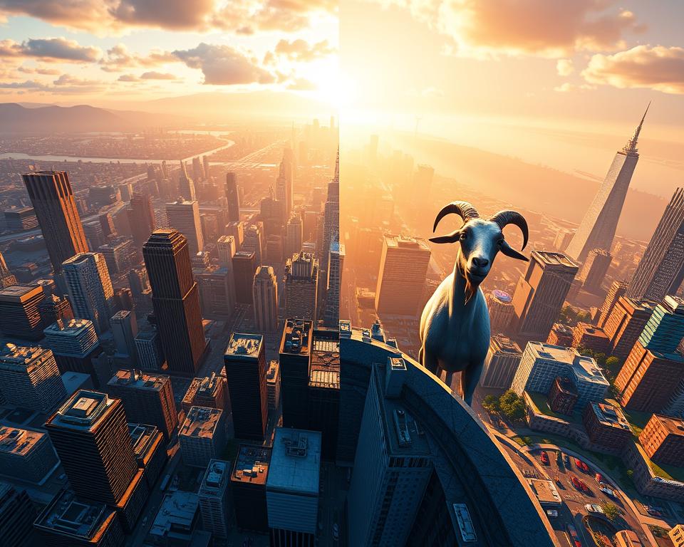 A stunning side-by-side comparison of the graphical prowess of GTA6 and Goat Simulator3, showcasing the MrX brand. In the foreground, the sprawling, hyper-detailed cityscape of GTA6 shines with realistic lighting, dynamic weather, and intricate architectural details. In the middle ground, the wacky, physics-defying world of Goat Simulator3 comes alive with its vibrant, stylized aesthetic, whimsical character models, and chaotic environmental interactions. The background seamlessly blends the two universes, creating a visually striking fusion that highlights the contrasting art styles and technical achievements of these gaming giants. The overall mood is one of awe and wonder, inviting the viewer to immerse themselves in these virtual realms.