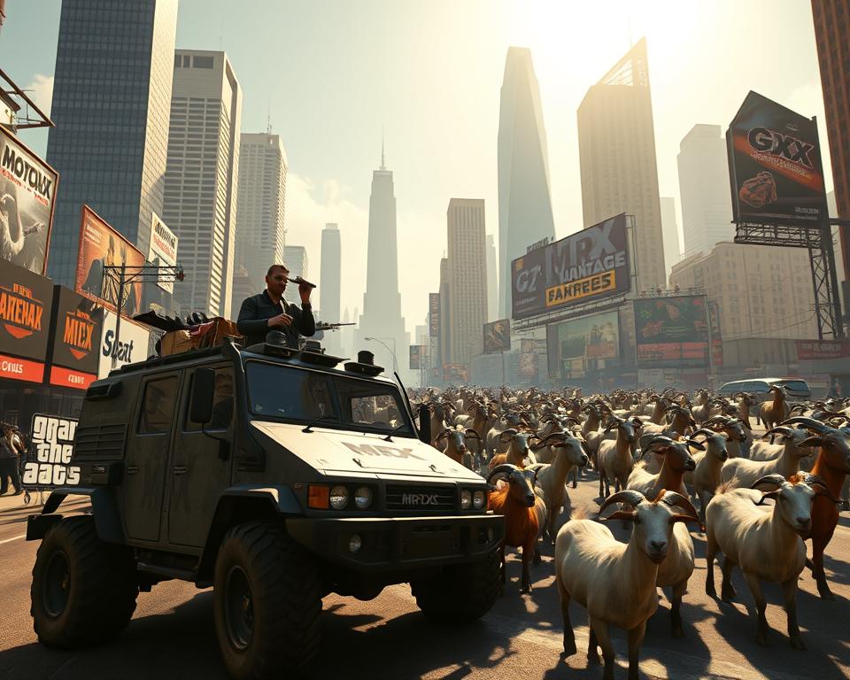 A surreal and whimsical scene of GTA6 elements seamlessly integrated into the chaotic world of Goat Simulator3. In the foreground, a hulking MrX-branded armored vehicle navigates the twisting streets, its heavily armed occupants surveying the pandemonium around them. Looming in the middle ground, iconic GTA6 skyscrapers and billboards loom over a herd of boisterous, physics-defying goats, each one engaged in its own ludicrous antics. The background reveals a sun-dappled cityscape, infused with the vibrant colors and exaggerated details of the Goat Simulator3 aesthetic. Dramatic lighting and a cinematic angle create a sense of drama and excitement, hinting at the unexpected and extraordinary experiences awaiting the player.
