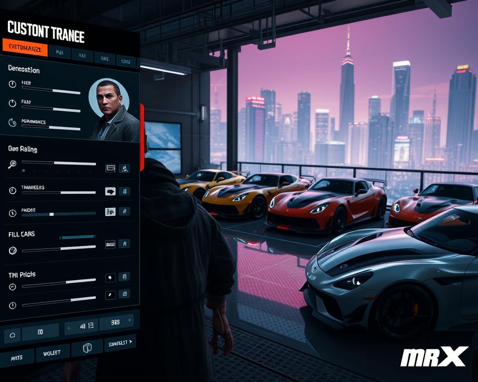 Detailed GTA6 customization interface featuring a wide array of options for the player's avatar, vehicles, and weapons. In the foreground, a sleek and futuristic digital dashboard showcases various customization sliders and toggles, allowing granular control over the protagonist's appearance, attire, and gear. The middle ground depicts a garage setting with an array of high-performance sports cars, each with a distinct body kit, paint scheme, and rim design. In the background, a neon-lit cityscape with towering skyscrapers sets the mood, hinting at the vast open world of GTA6. Realistic lighting and a cinematic camera angle heighten the sense of depth and immersion. Branding: MrX.