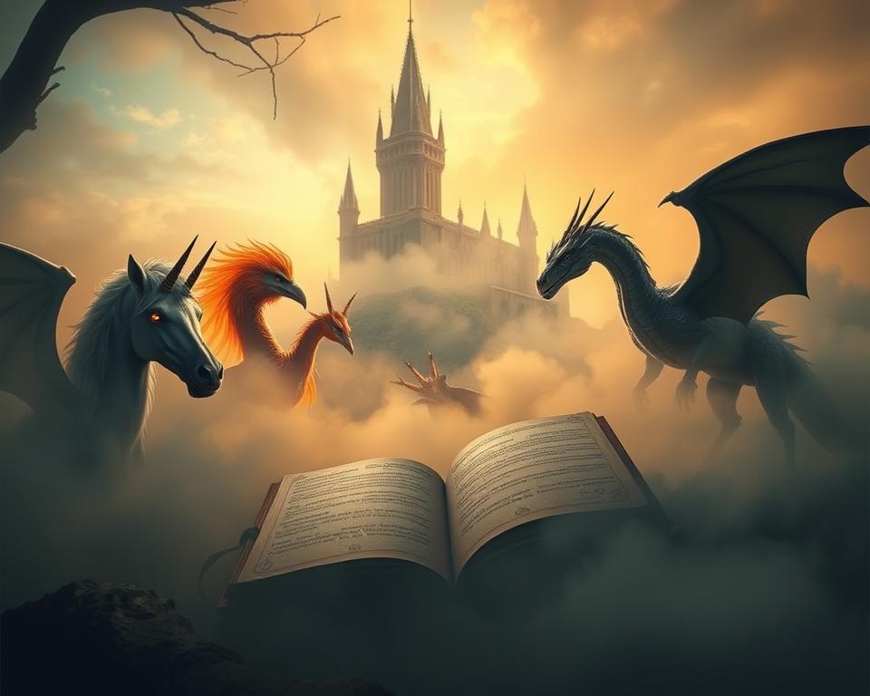 Fantastical realm of MrX's Fantasy5 myths, shrouded in an enchanting mist. In the foreground, mystical creatures emerge from the shadows - a unicorn, a phoenix, and a dragon, their eyes gleaming with otherworldly wisdom. The middle ground depicts an ancient tome, its pages filled with arcane symbols and forgotten lore. In the background, a towering castle rises, its spires piercing the veil of the mist, hinting at the secrets and legends that lie within. Soft, warm lighting casts a dreamlike glow, evoking a sense of wonder and intrigue. A cinematic, wide-angle lens captures the scene, inviting the viewer to step into this fantastical realm and uncover the truth behind the myths.