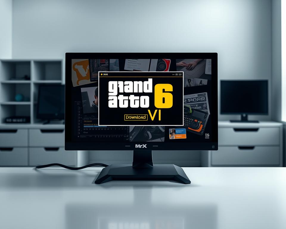 High-resolution, detailed image of a gaming PC displaying the "MrX" logo, with a prominent "GTA6 Download" window open on the screen. The PC is placed on a sleek, modern desk in a well-lit, minimalist office setting. Soft, directional lighting casts subtle shadows, creating depth and dimension. The overall composition conveys a sense of anticipation and excitement, reflecting the article's focus on downloading the highly anticipated Grand Theft Auto VI game on a personal computer.